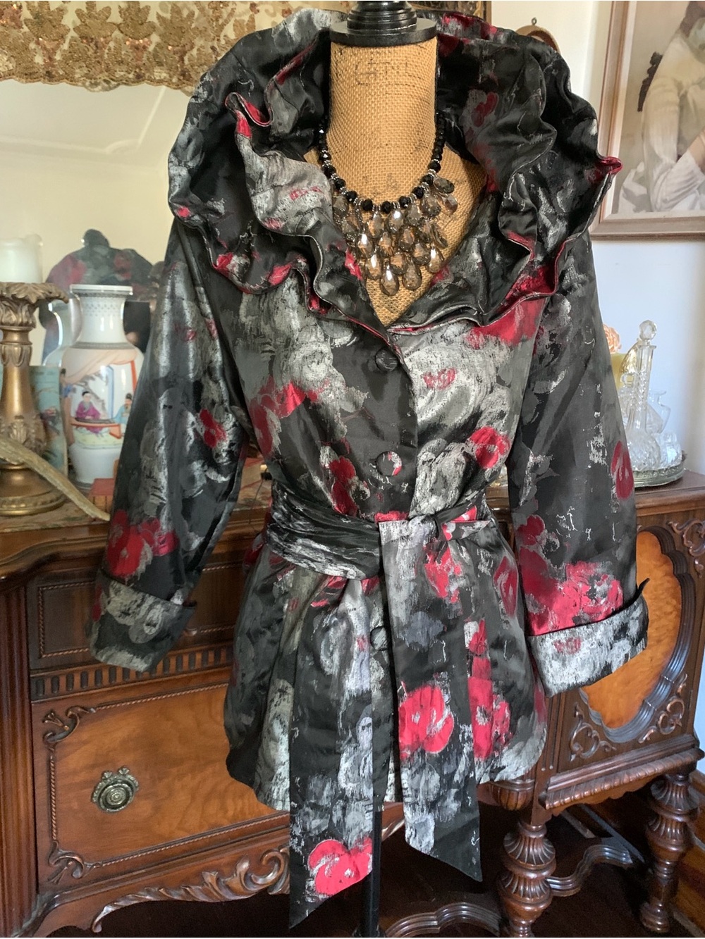 Vintage Epic Gothic High Collar Ruffle Victorian-inspo Abstract Floral Blazer
